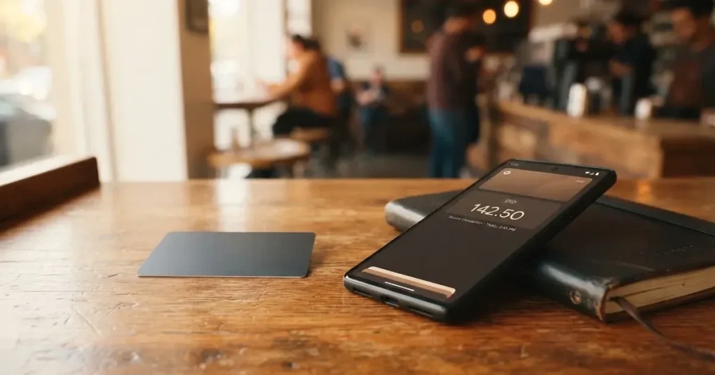 A payment card next to a phone with a crypto wallet app open