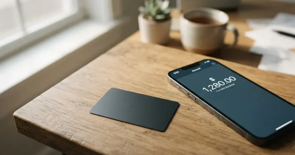 A payment card next to a phone with a crypto wallet app open