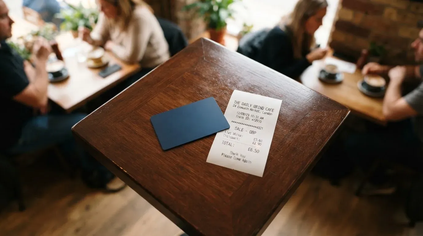 A receipt and a card on a café table