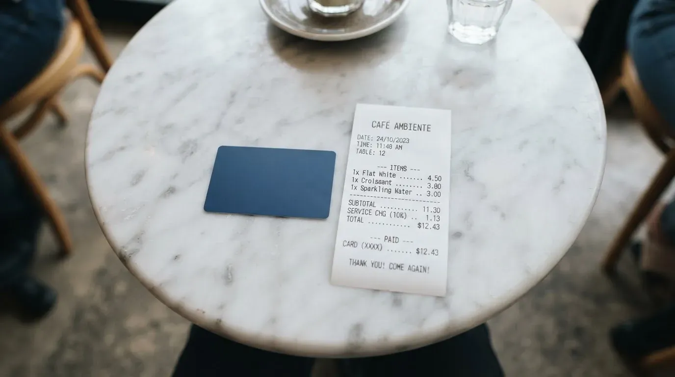 A receipt and a card on a café table