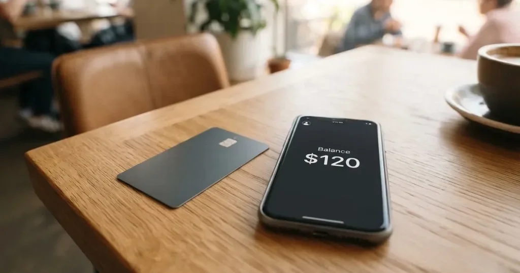 A payment card next to a phone with a crypto wallet app open