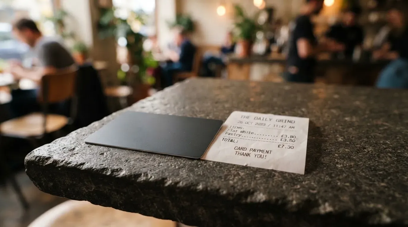 A receipt and a card on a café table