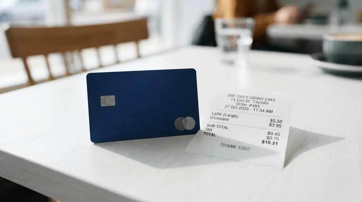 A receipt and a card on a café table