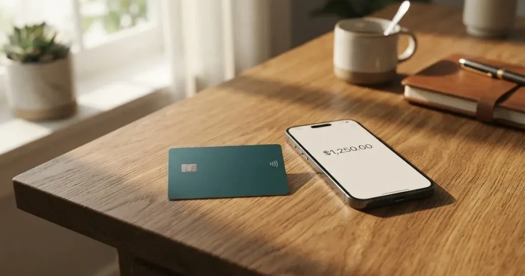 A payment card next to a phone with a crypto wallet app open