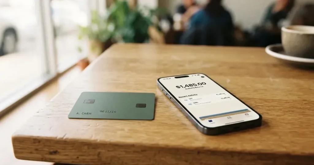 A payment card next to a phone with a crypto wallet app open