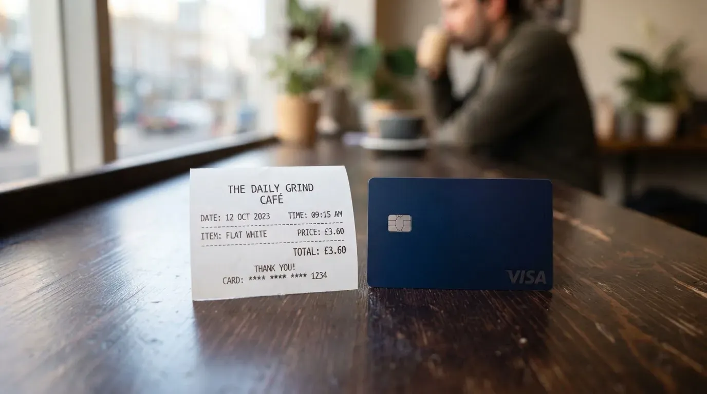 A receipt and a card on a café table