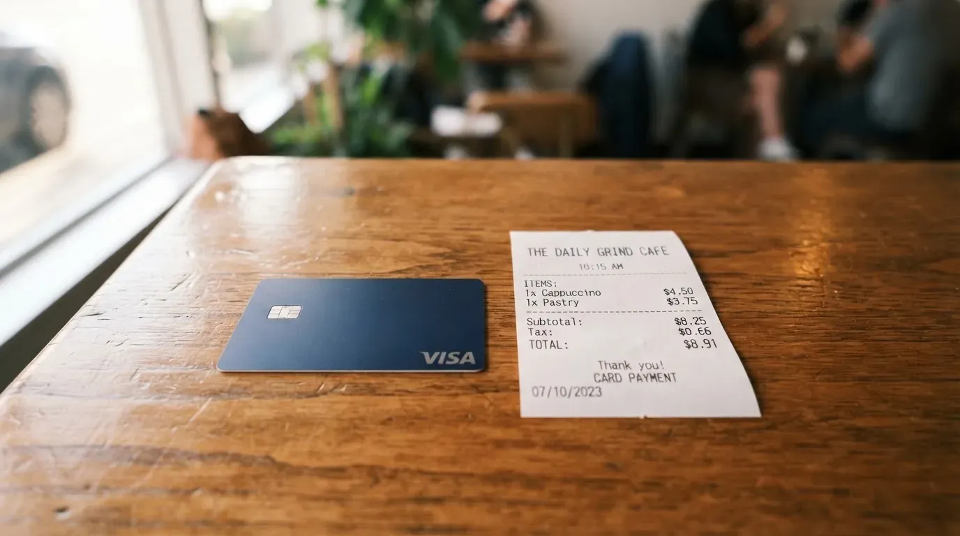 A receipt and a card on a café table