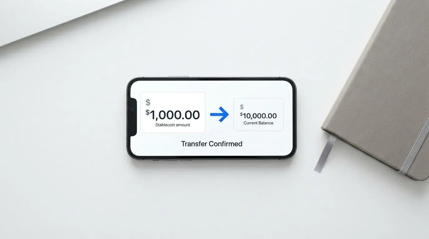 A phone showing a stablecoin transfer screen