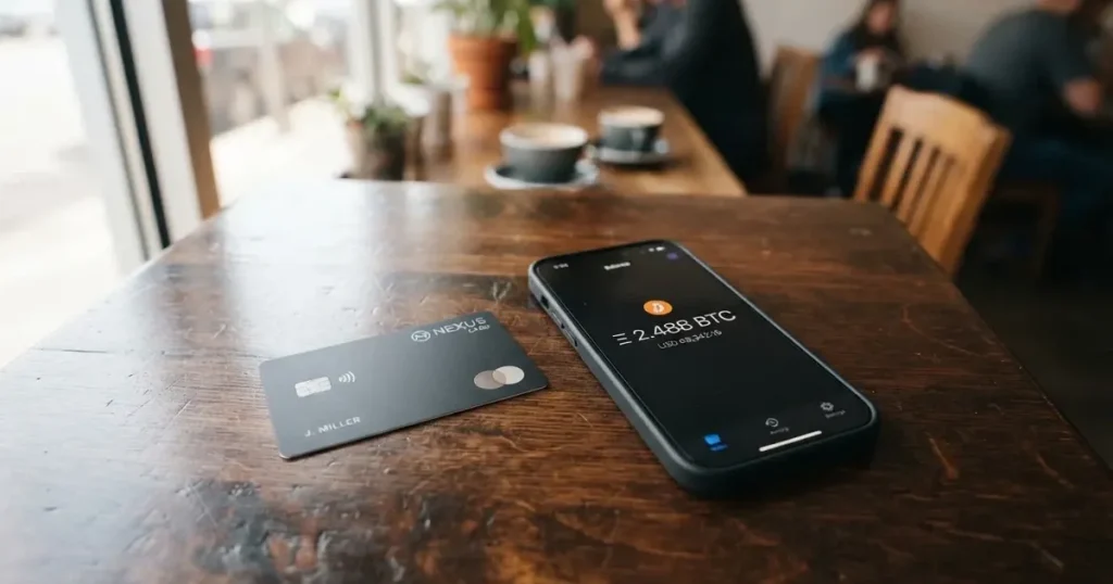 A payment card next to a phone with a crypto wallet app open