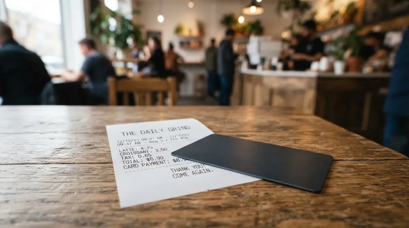 A receipt and a card on a café table