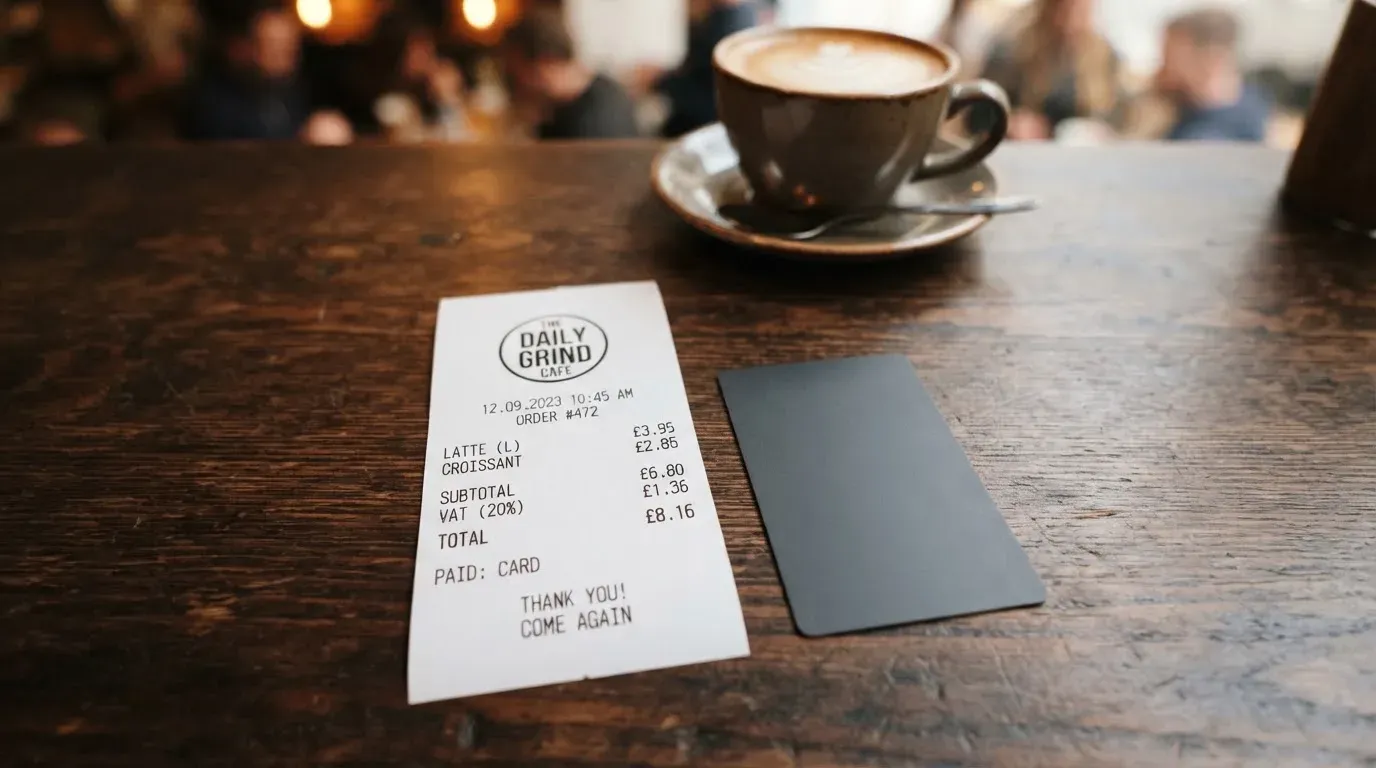 A receipt and a card on a café table