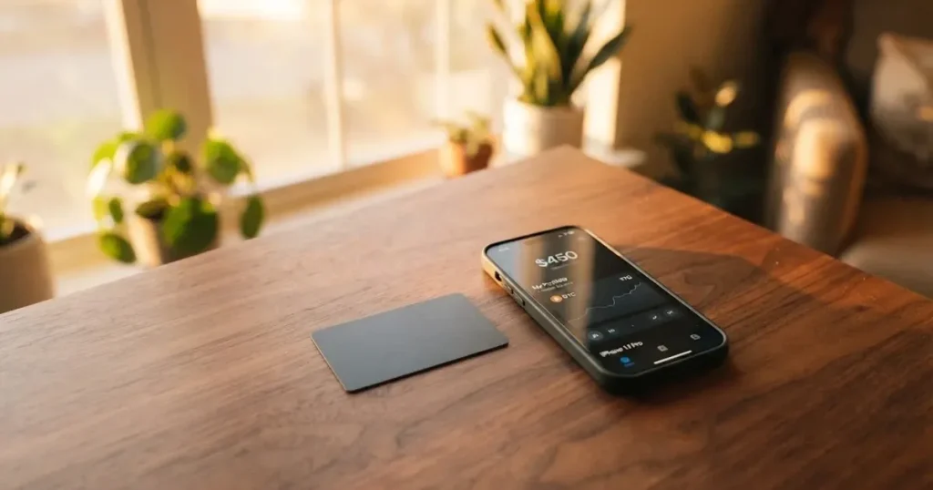 A payment card next to a phone with a crypto wallet app open