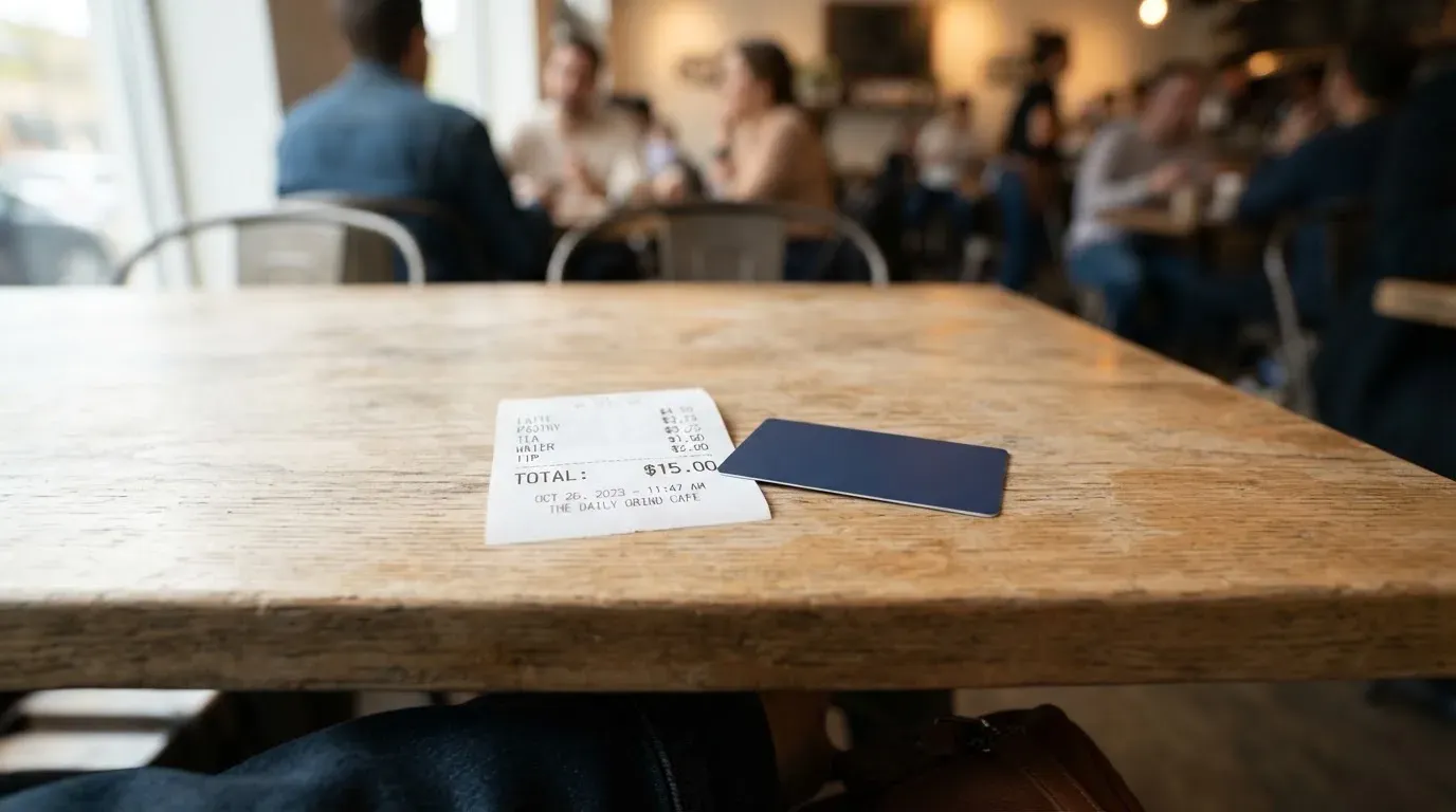 A receipt and a card on a café table