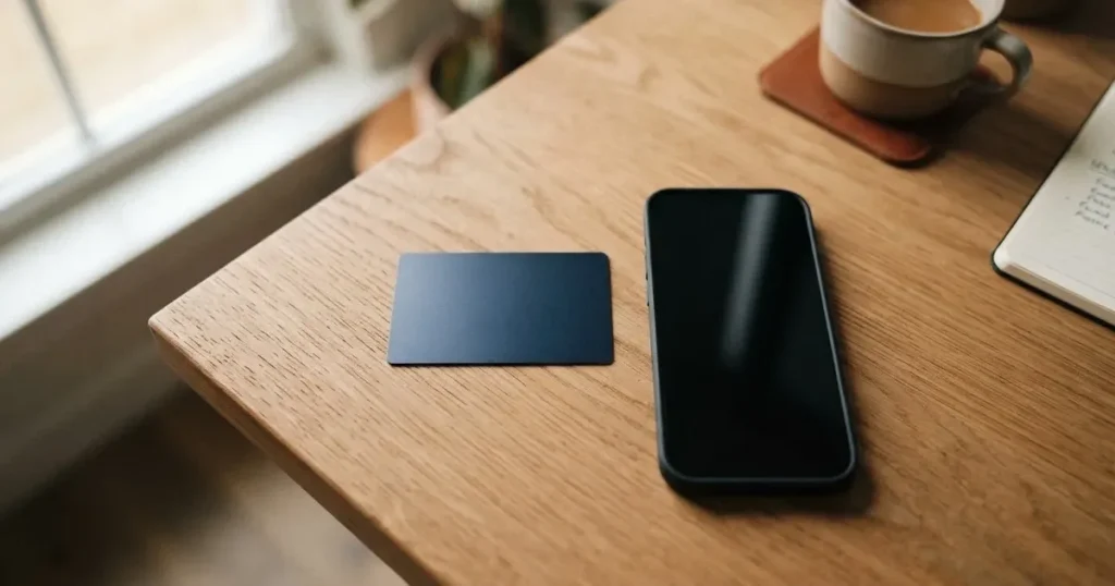 A payment card next to a phone with a crypto wallet app open