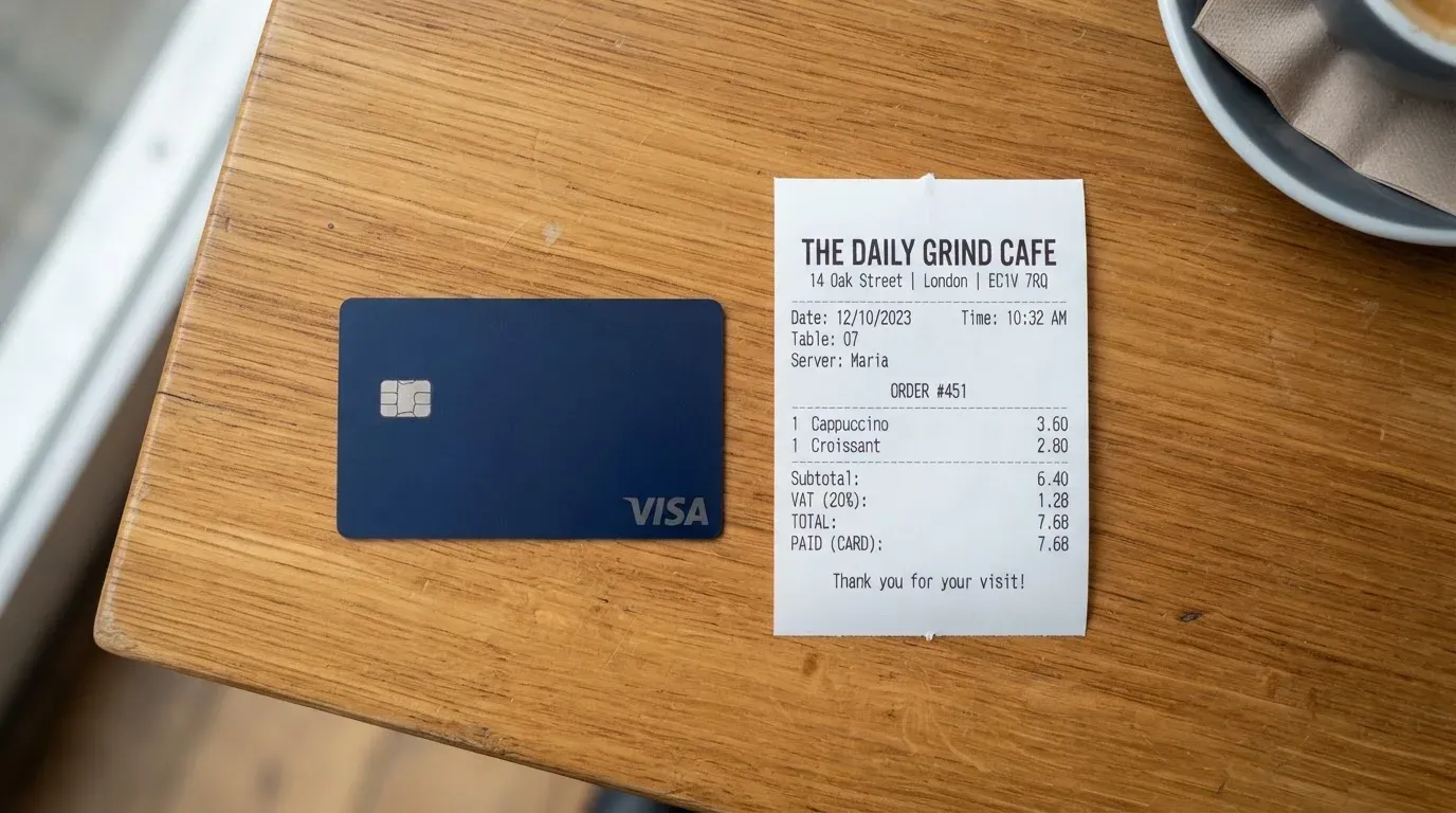 A receipt and a card on a café table