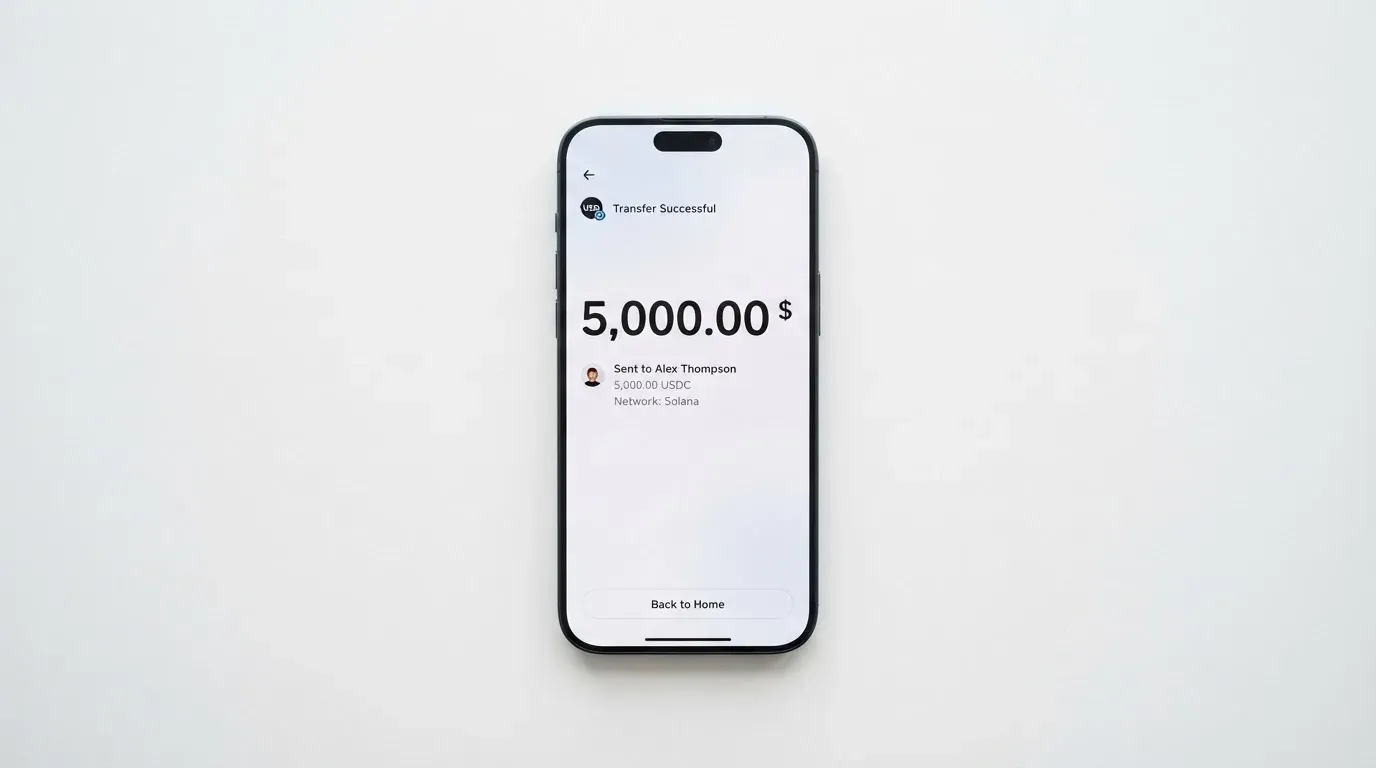 A phone showing a stablecoin transfer screen