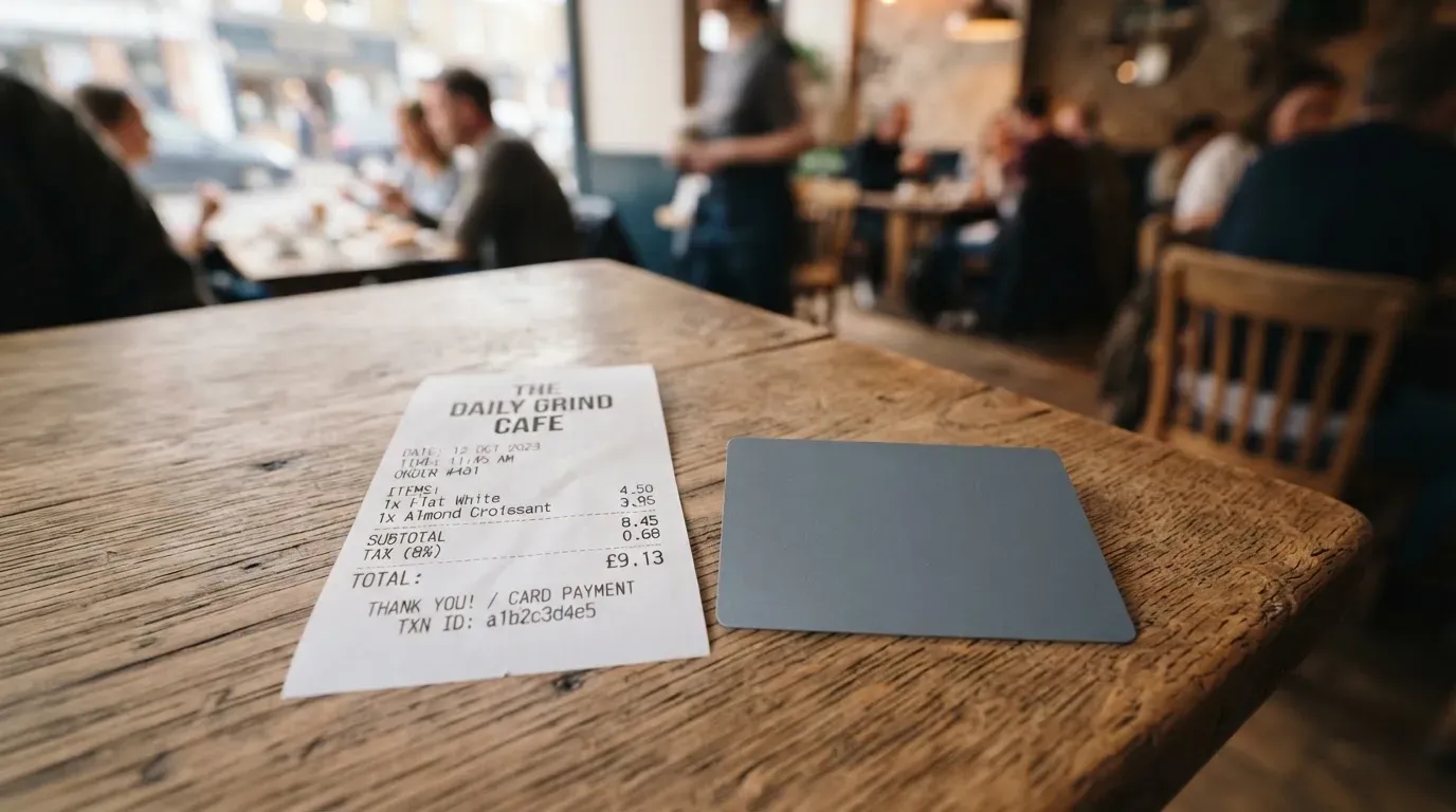 A receipt and a card on a café table