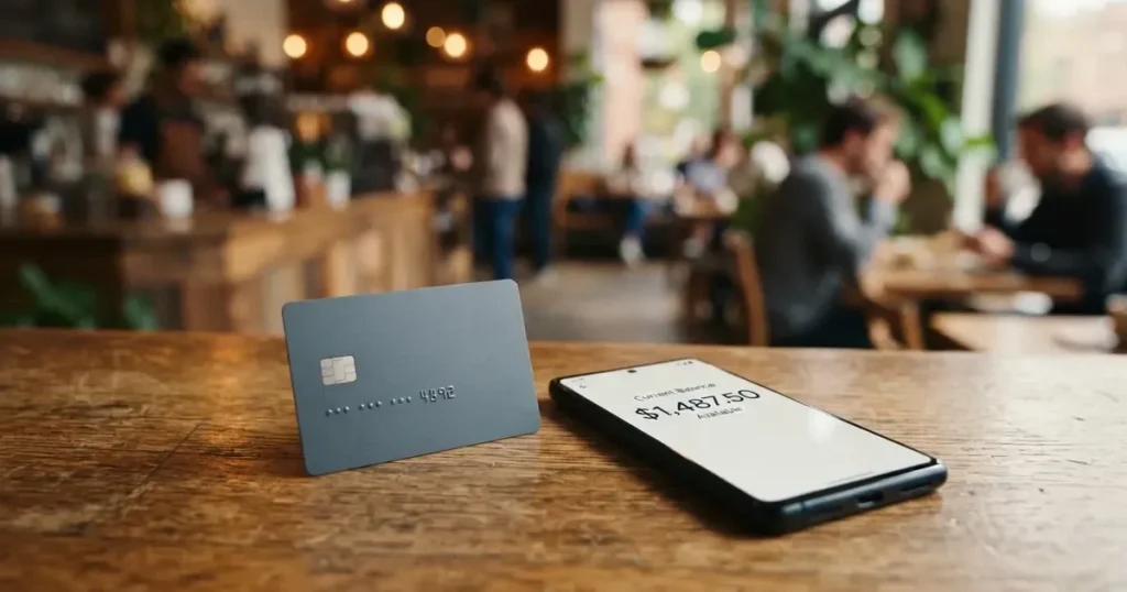 A payment card next to a phone with a crypto wallet app open