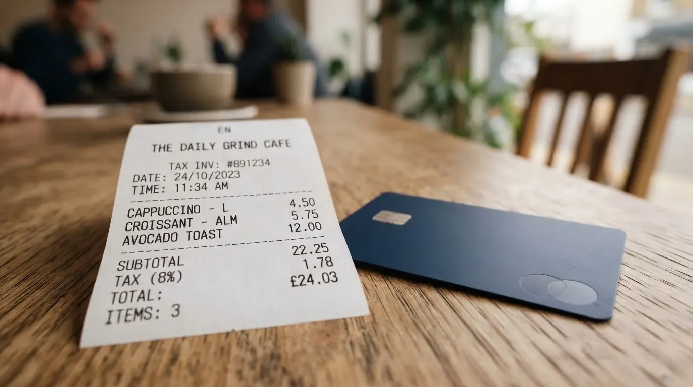 A receipt and a card on a café table