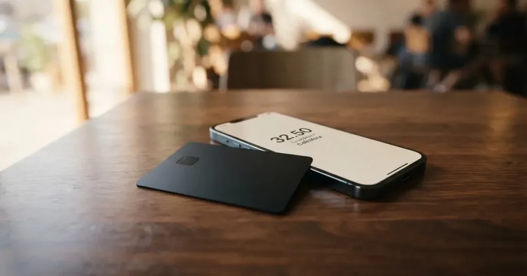 A payment card next to a phone with a crypto wallet app open