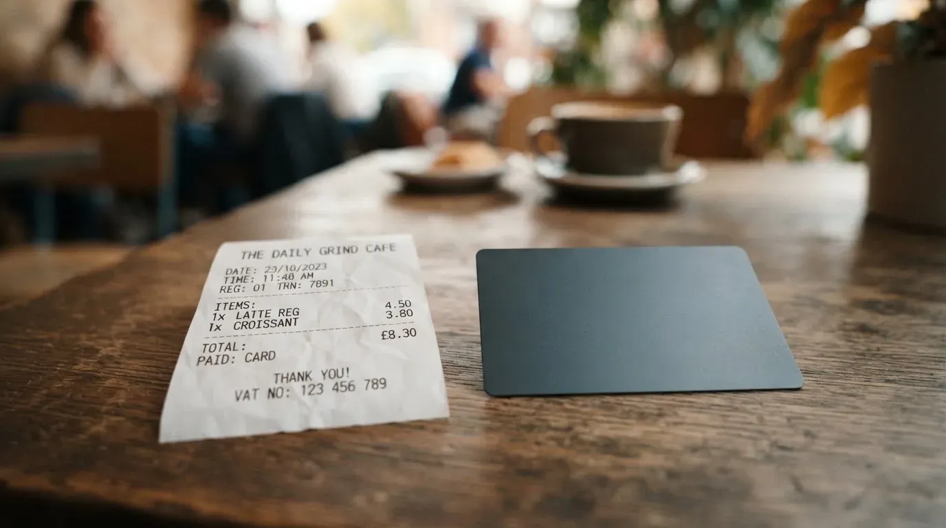 A receipt and a card on a café table