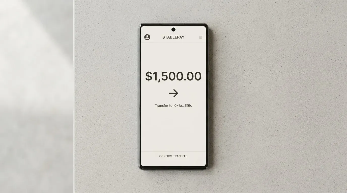 A phone showing a stablecoin transfer screen