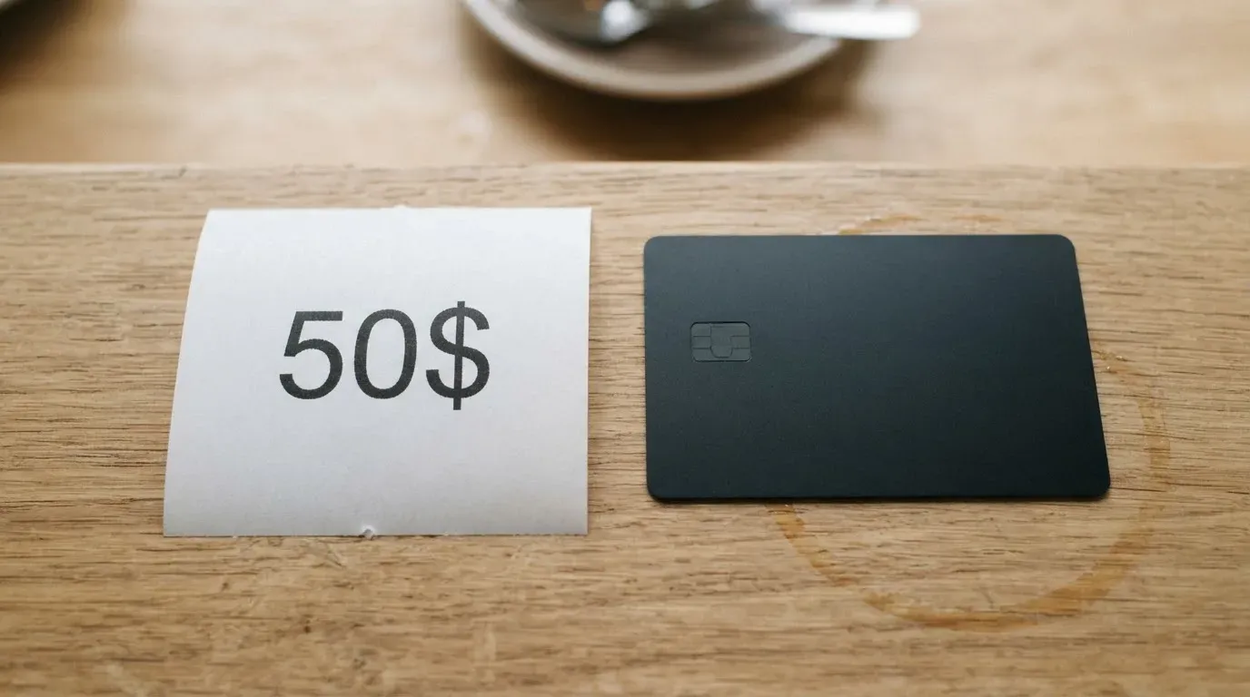 A receipt and a card on a café table