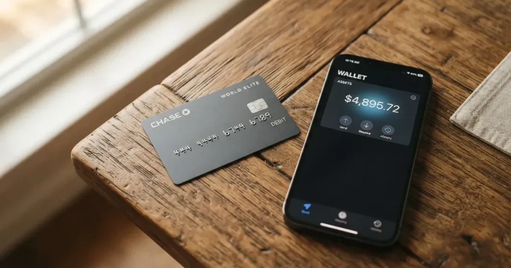 A payment card next to a phone with a crypto wallet app open