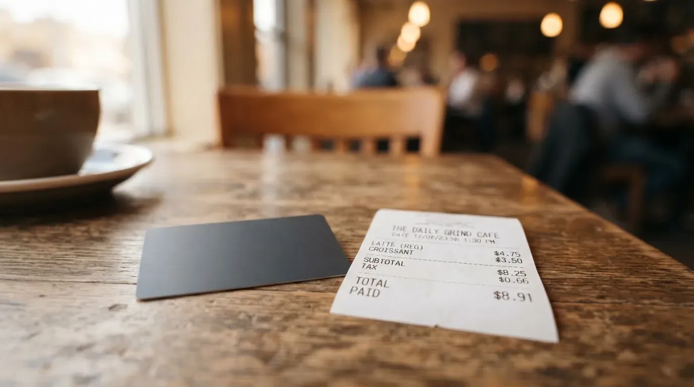 A receipt and a card on a café table