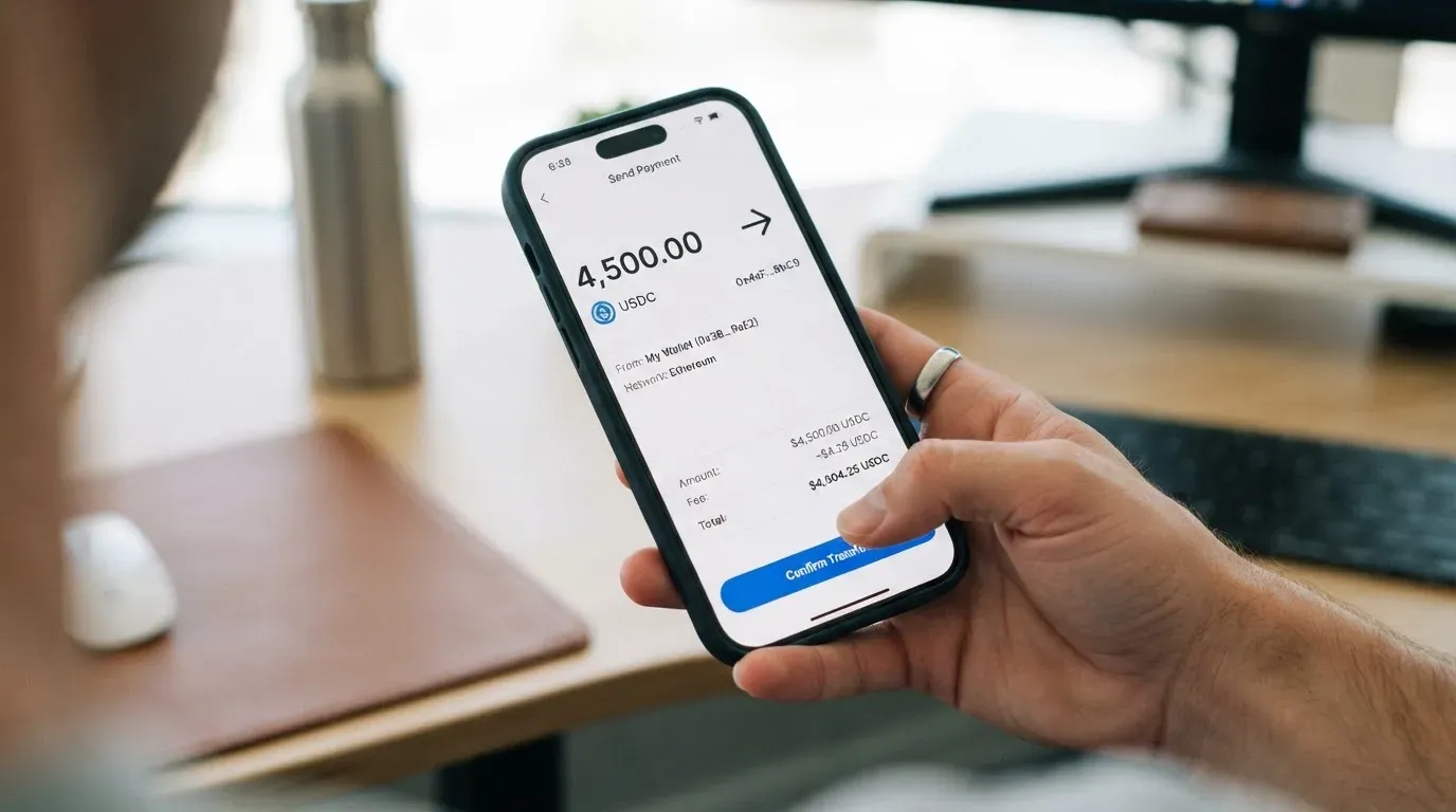 A phone showing a stablecoin transfer screen