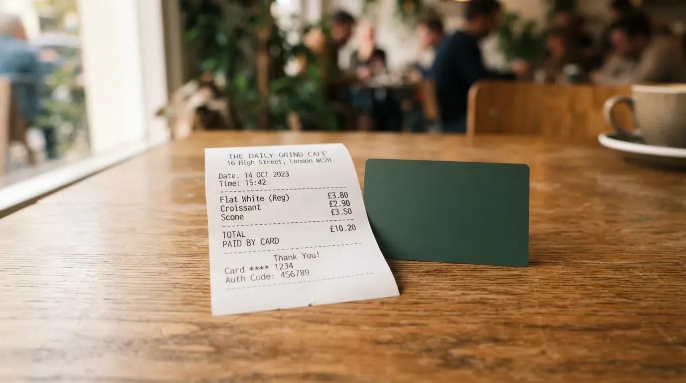 A receipt and a card on a café table