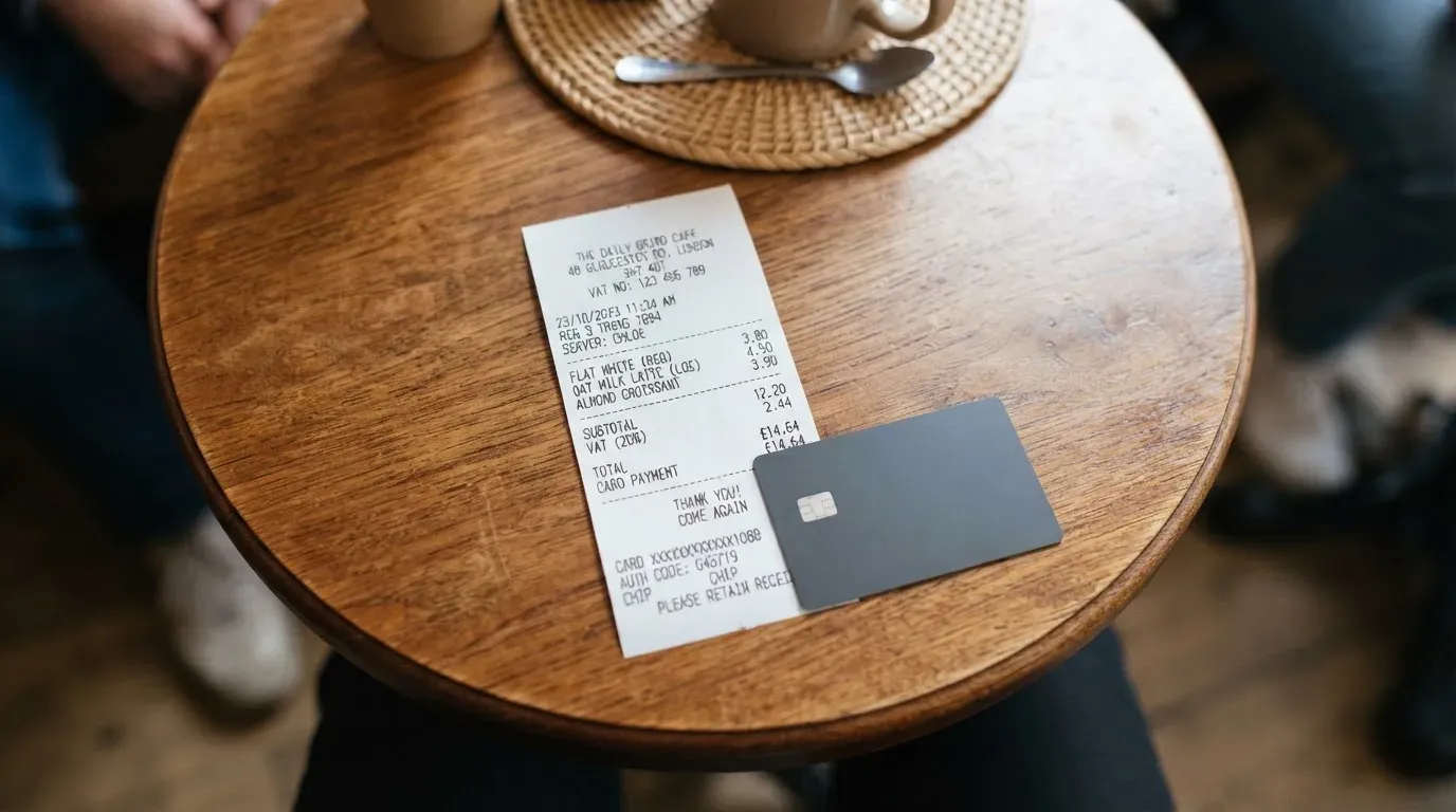 A receipt and a card on a café table