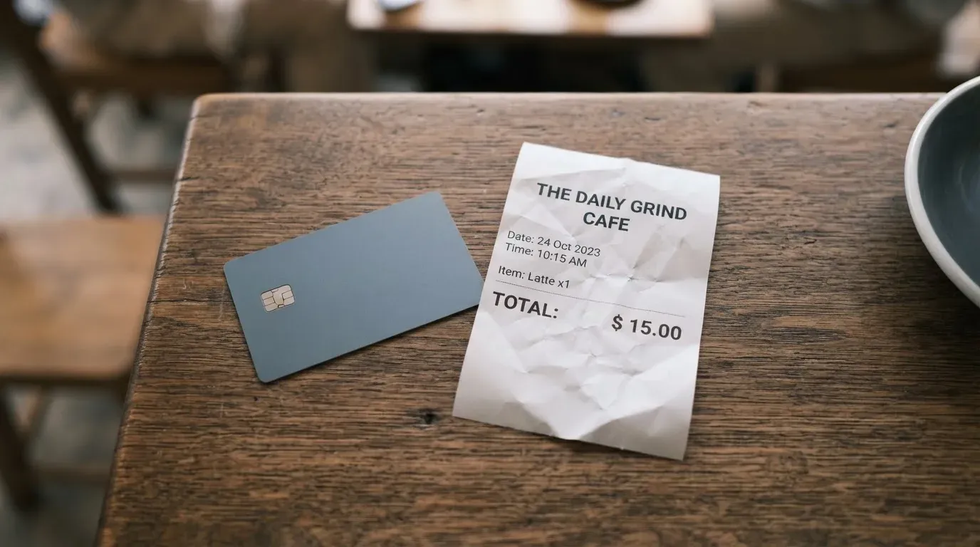 A receipt and a card on a café table