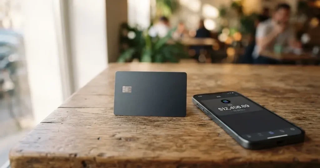 A payment card next to a phone with a crypto wallet app open