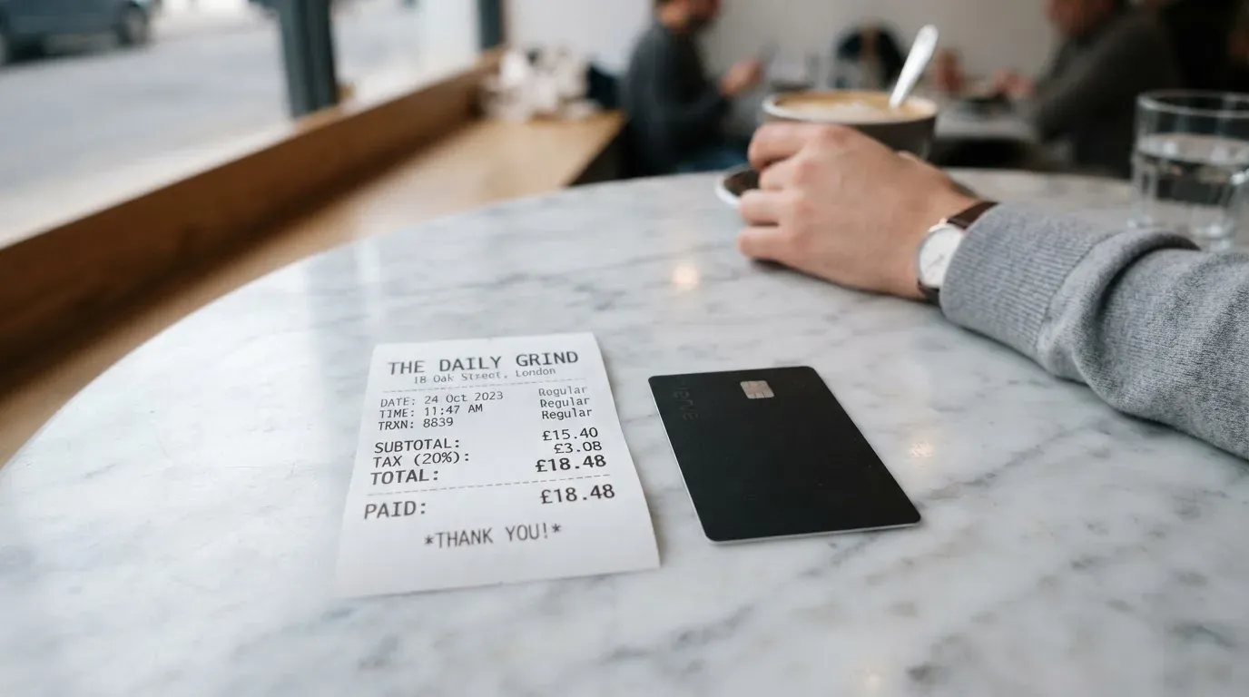 A receipt and a card on a café table