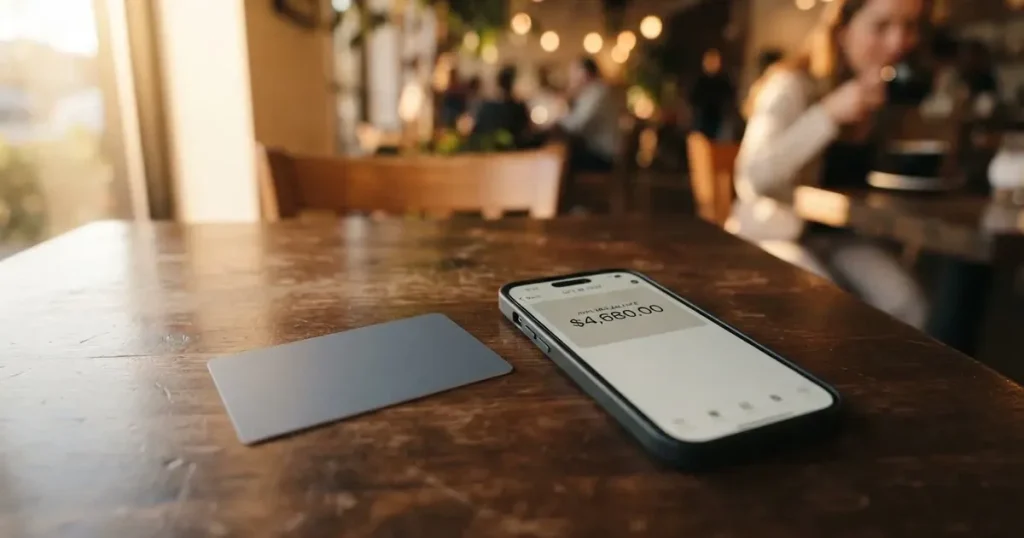 A payment card next to a phone with a crypto wallet app open