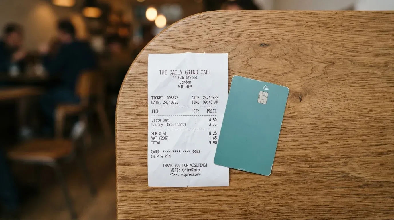 A receipt and a card on a café table