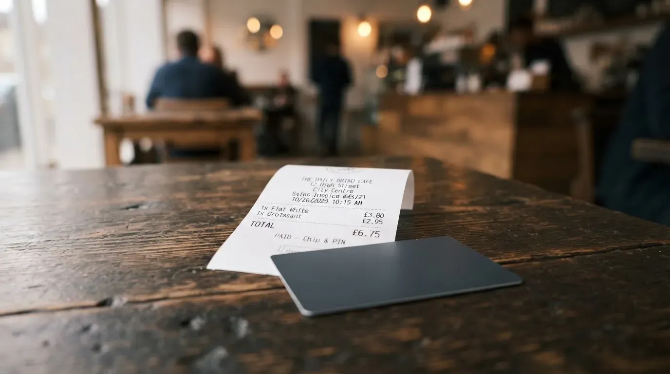 A receipt and a card on a café table