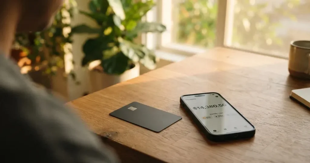 A payment card next to a phone with a crypto wallet app open