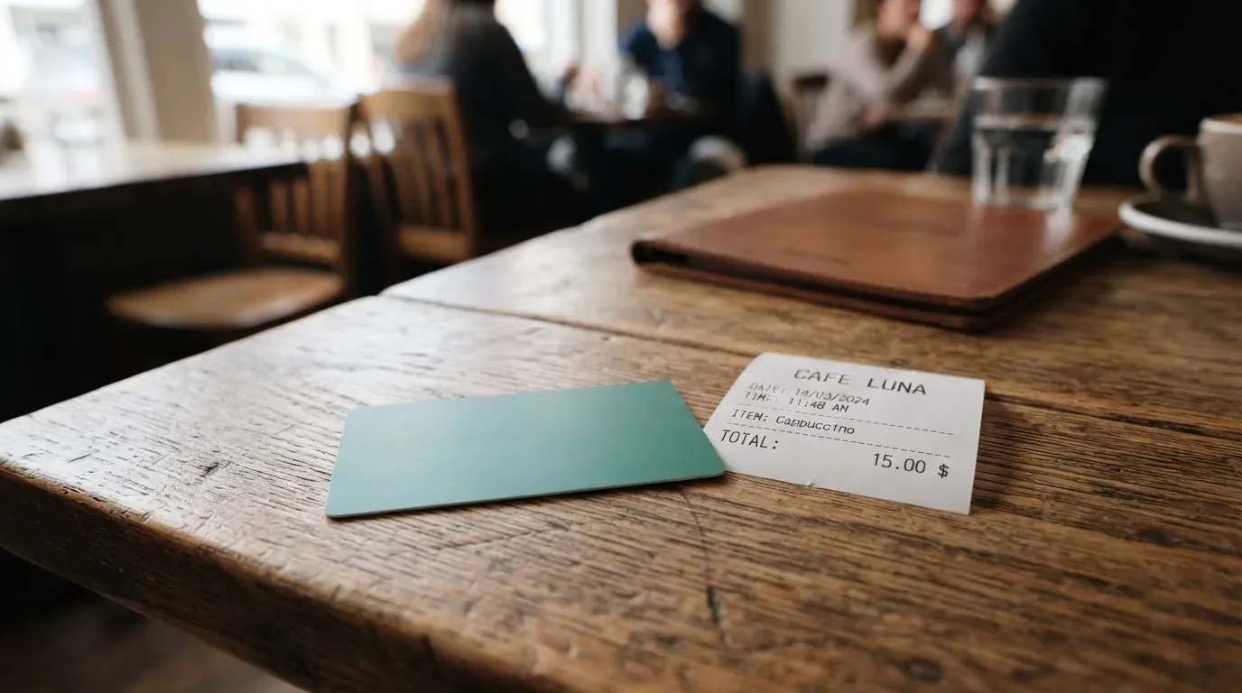 A receipt and a card on a café table