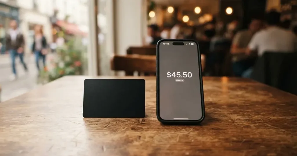 A payment card next to a phone with a crypto wallet app open