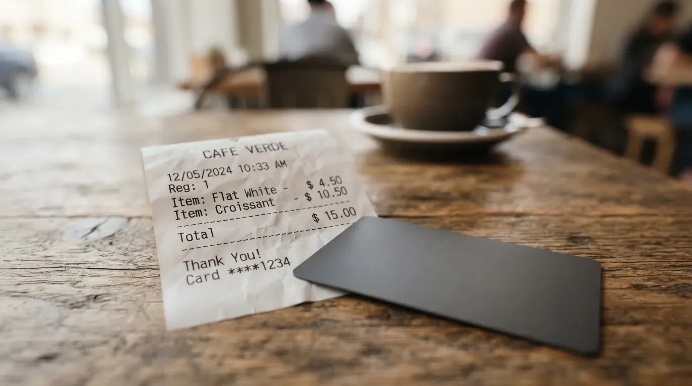 A receipt and a card on a café table