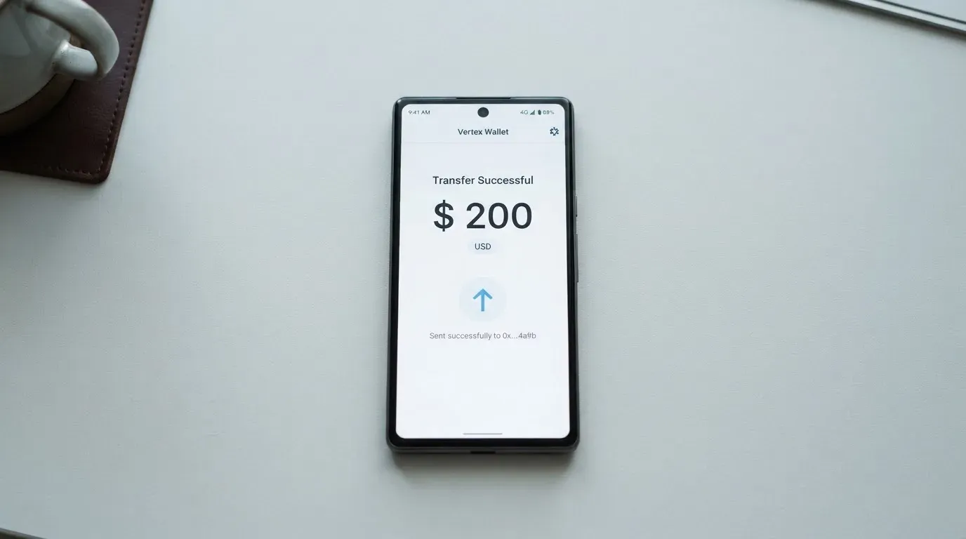 A phone showing a stablecoin transfer screen