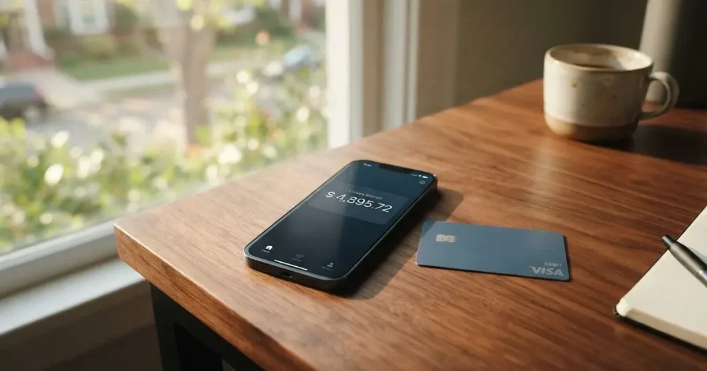 A payment card next to a phone with a crypto wallet app open