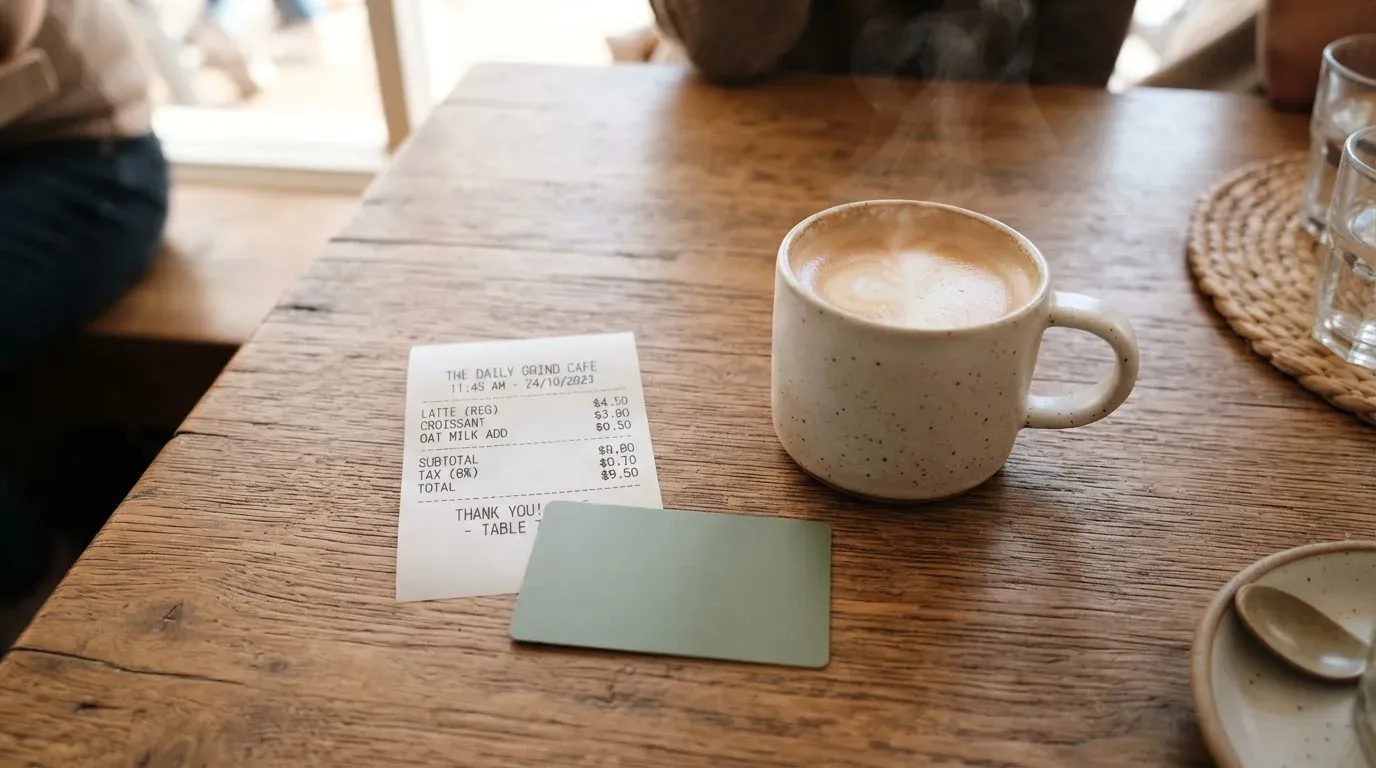 A receipt and a card on a café table