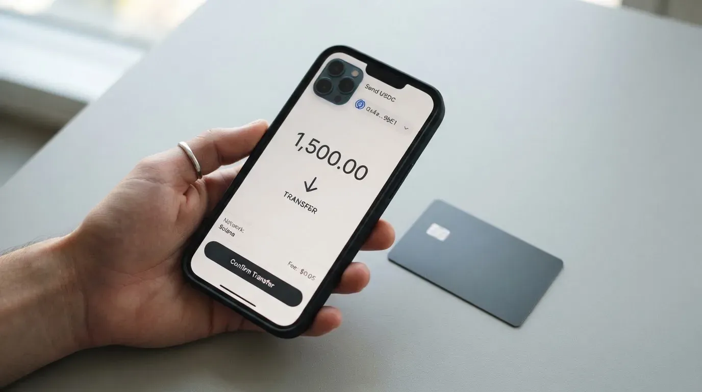 A phone showing a stablecoin transfer screen