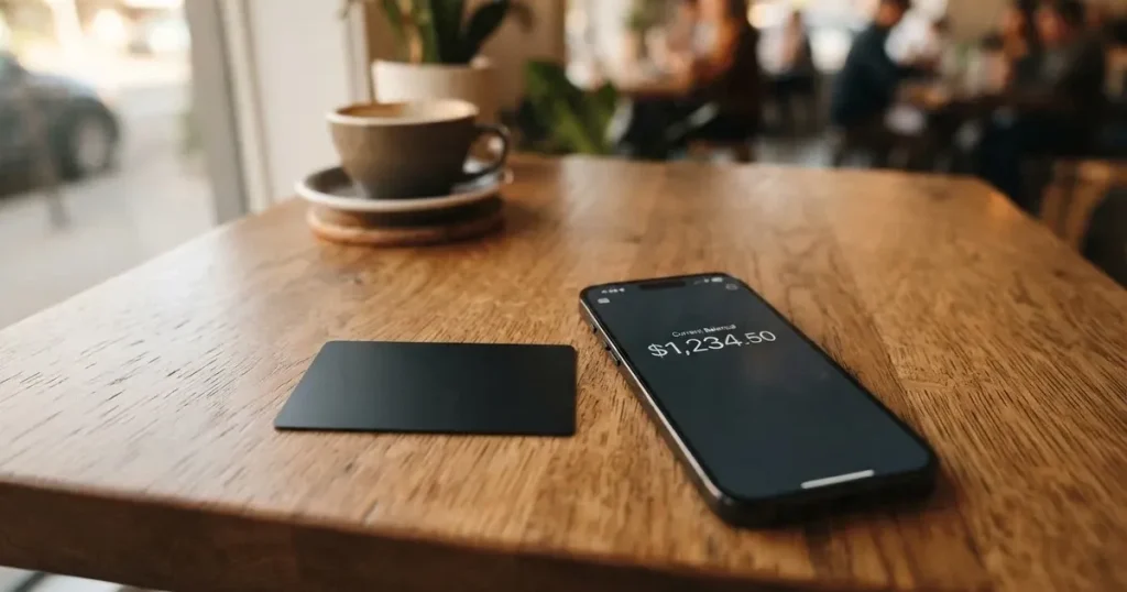 A payment card next to a phone with a crypto wallet app open