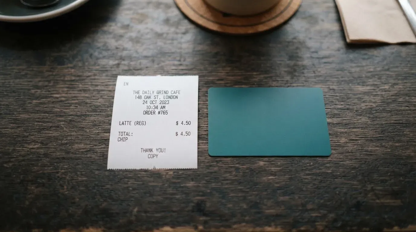 A receipt and a card on a café table