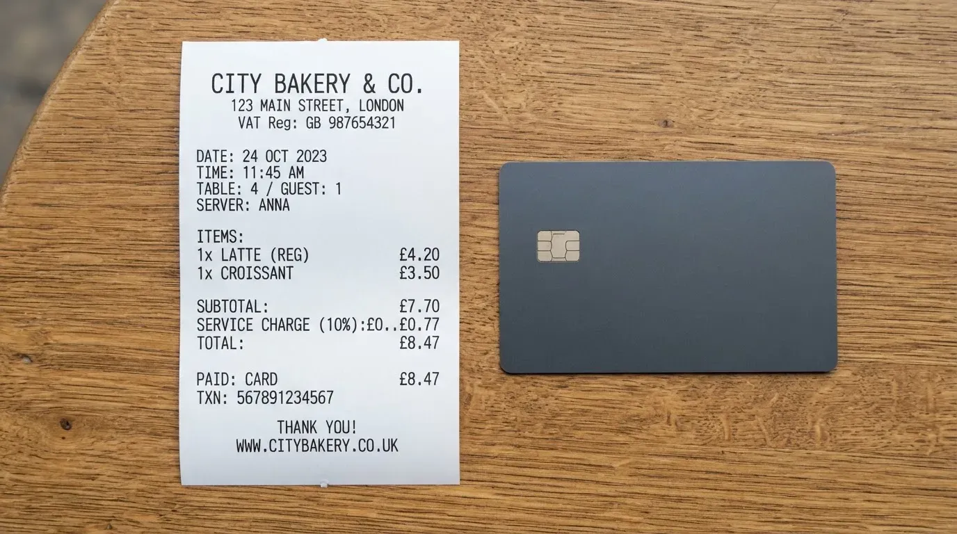 A receipt and a card on a café table