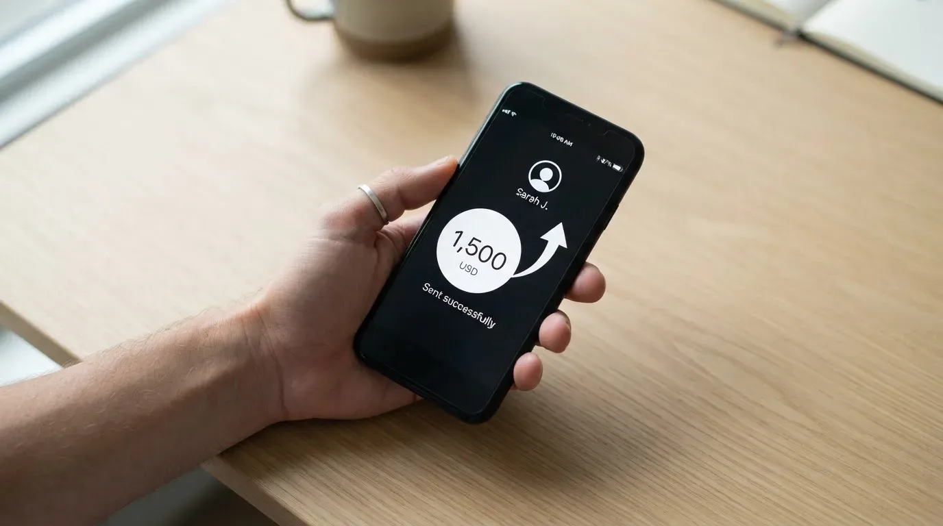 A phone showing a stablecoin transfer screen